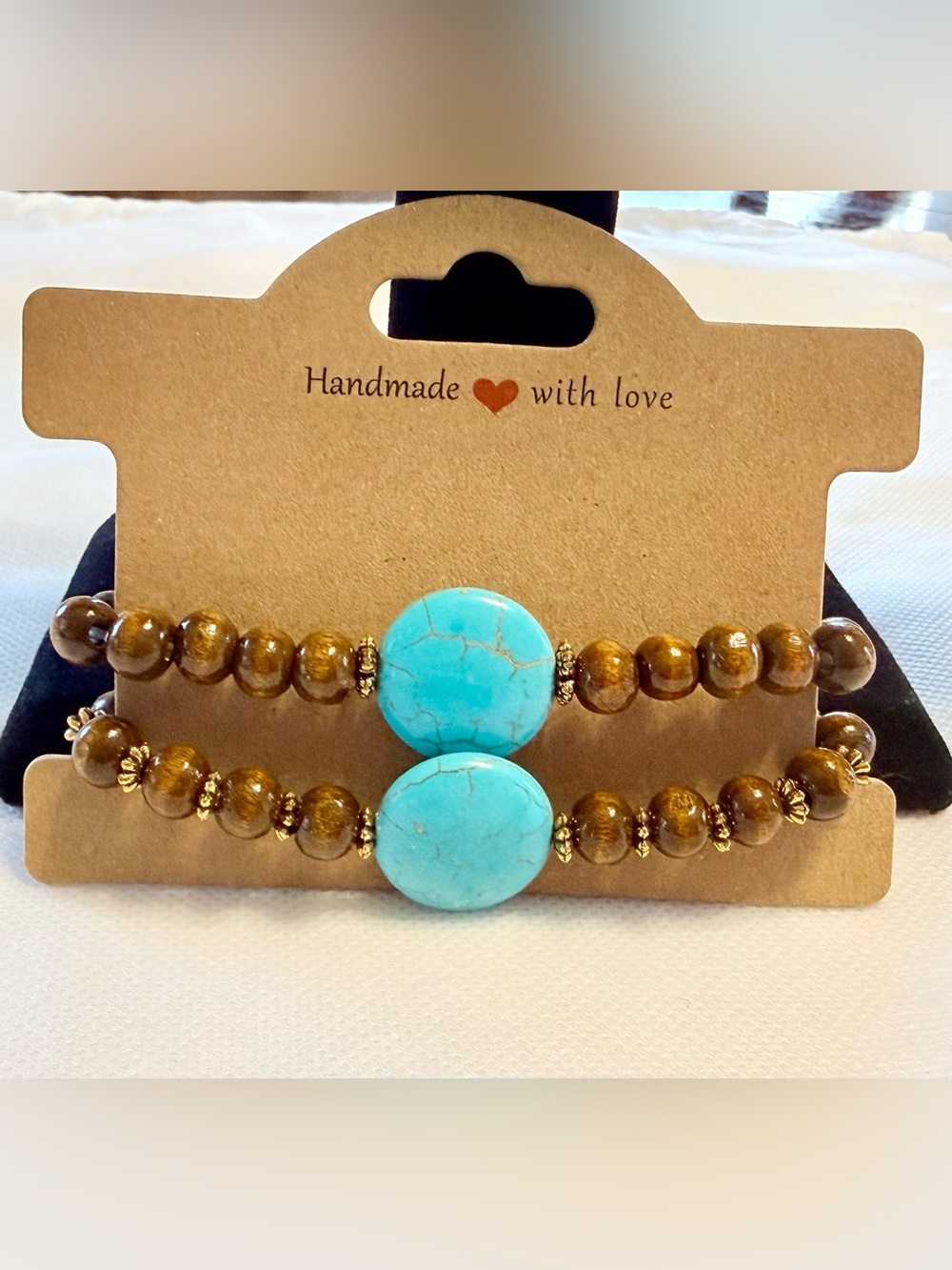 Handmade Howlite dyed Turquoise w/Brown Wood and Goldtone Bead Stretch Bracelets